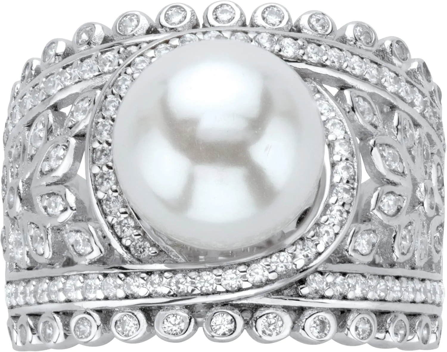 Platinum over Sterling Silver Simulated Pearl and Cubic Zirconia Floral Scalloped Ring