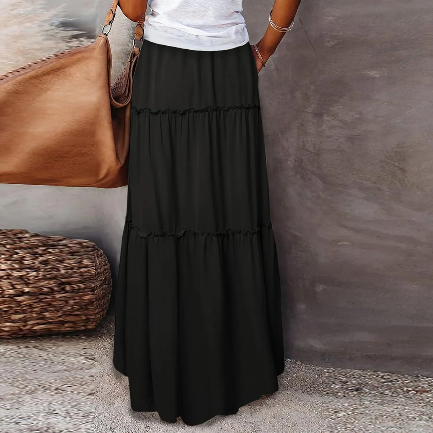 Pleated Long Skirts for Women Summer Casual Elastic High Waisted Skirts A-Line Flowy Swing Maxi Skirt with Pockets