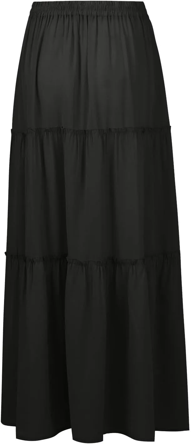 Pleated Long Skirts for Women Summer Casual Elastic High Waisted Skirts A-Line Flowy Swing Maxi Skirt with Pockets