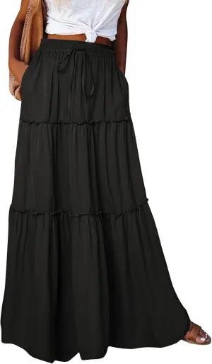 Pleated Long Skirts for Women Summer Casual Elastic High Waisted Skirts A-Line Flowy Swing Maxi Skirt with Pockets