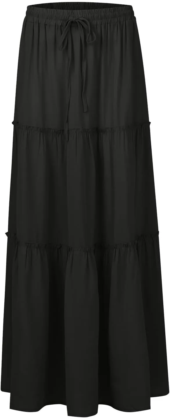 Pleated Long Skirts for Women Summer Casual Elastic High Waisted Skirts A-Line Flowy Swing Maxi Skirt with Pockets