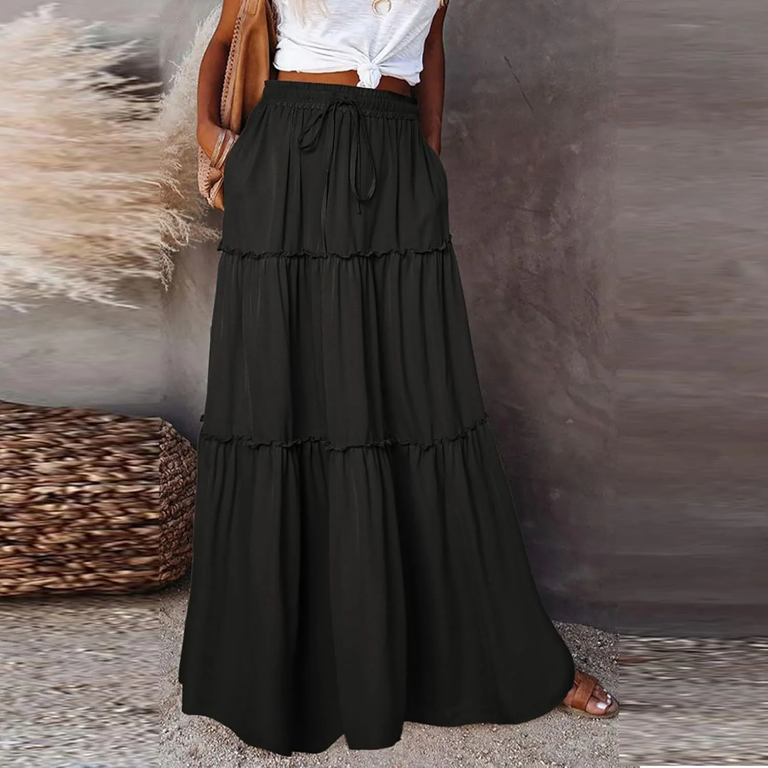 Pleated Long Skirts for Women Summer Casual Elastic High Waisted Skirts A-Line Flowy Swing Maxi Skirt with Pockets