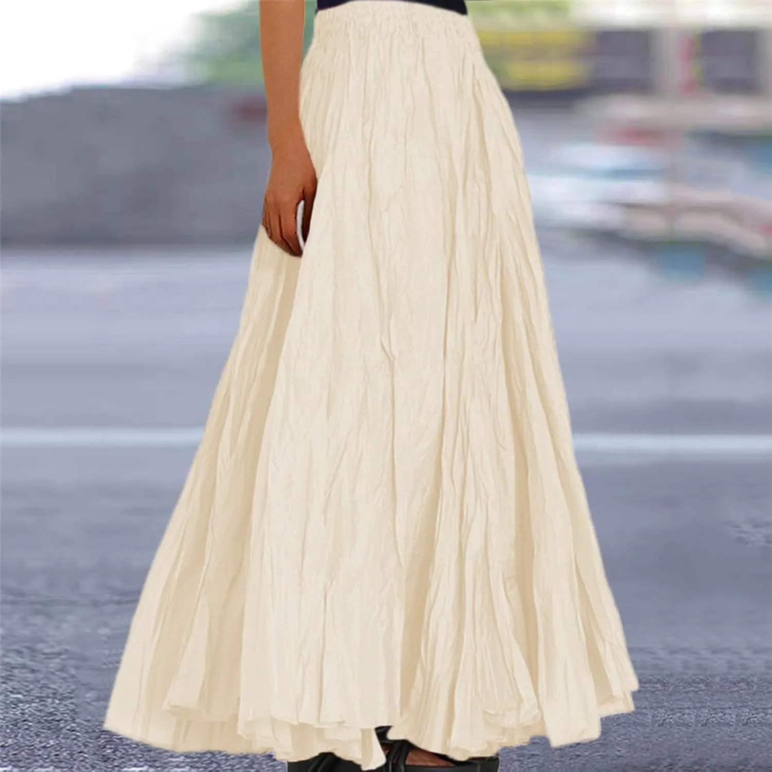 Pleated Maxi Skirts for Women 2025 Summer High Waisted Solid Color Swing A-Line Long Beach Skirt