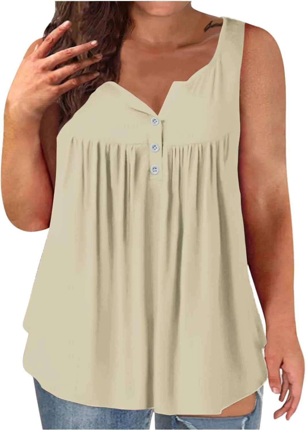 Plus Size Tank Tops for Women Summer V-neck Sleeveless Solid Shirts Buttons Up Loose Fit Pleated Flowy Tunic Blouse