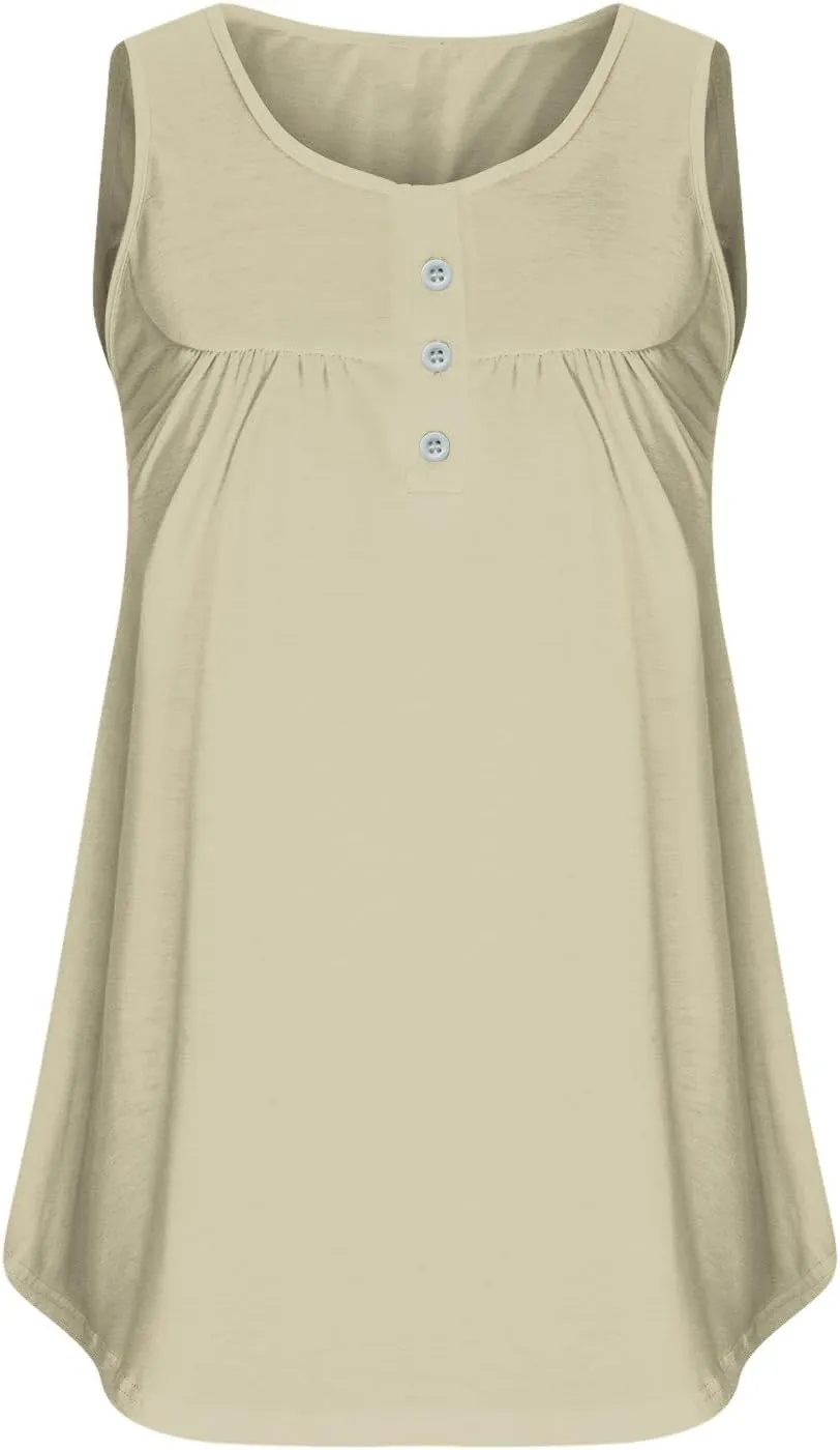 Plus Size Tank Tops for Women Summer V-neck Sleeveless Solid Shirts Buttons Up Loose Fit Pleated Flowy Tunic Blouse