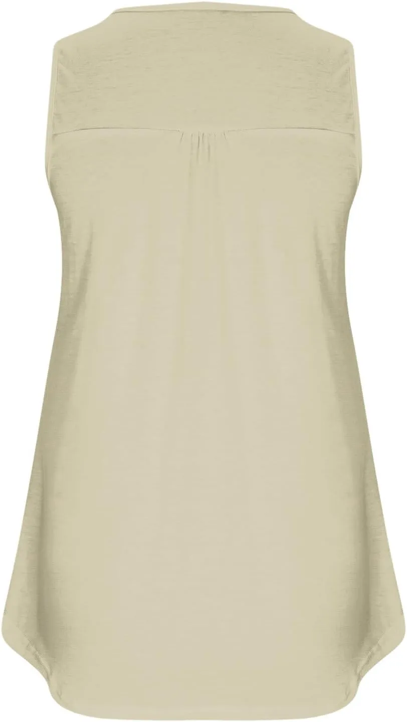 Plus Size Tank Tops for Women Summer V-neck Sleeveless Solid Shirts Buttons Up Loose Fit Pleated Flowy Tunic Blouse
