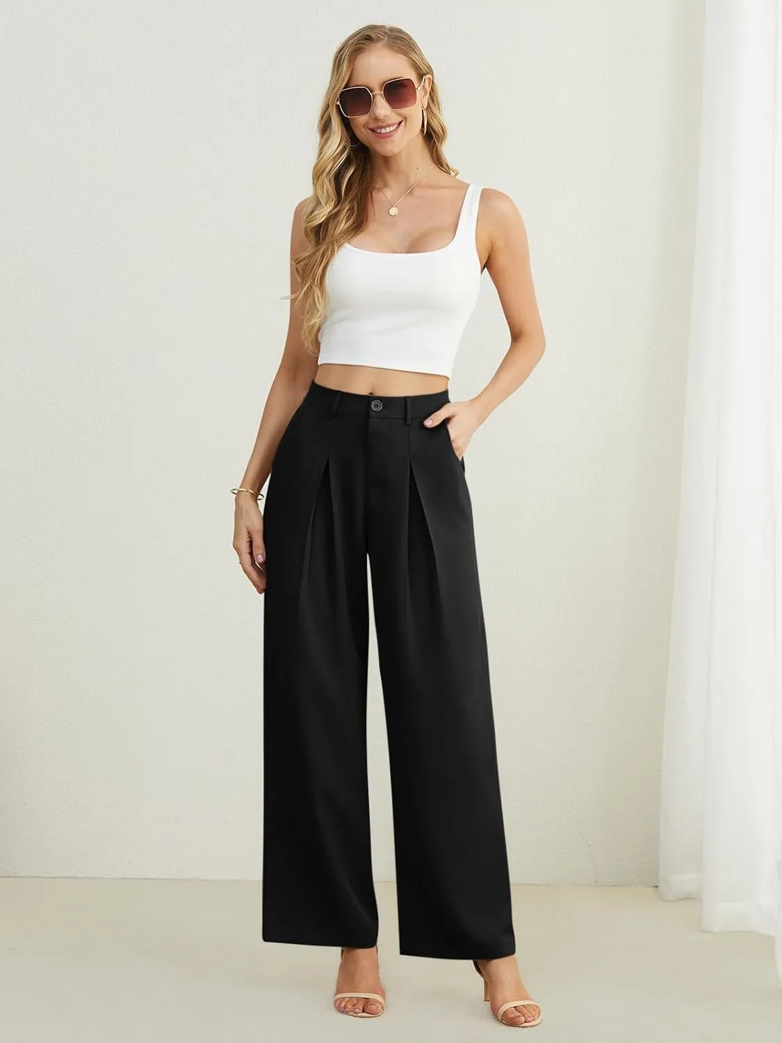 POKWAI Wide Leg Dress Pants Women's High Waisted Dressy Work Pants Business Trousers