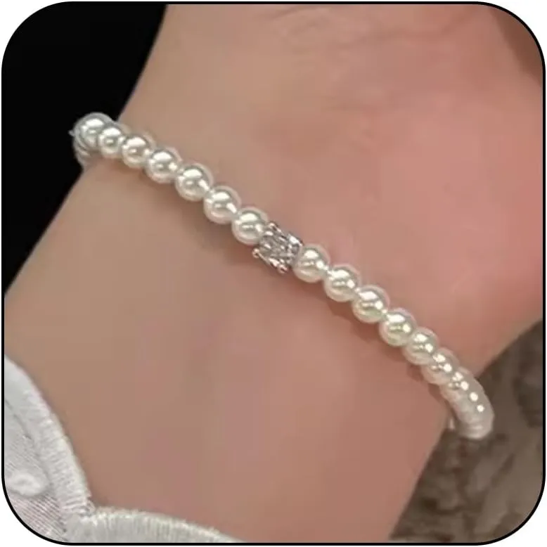 POYAMUSE Elegant Pearl Bracelet with Crystal Accent for Women, White Pearl Stretch Bracelet for Women, Retro Beaded Zircon Pearl Bracelet for Women
