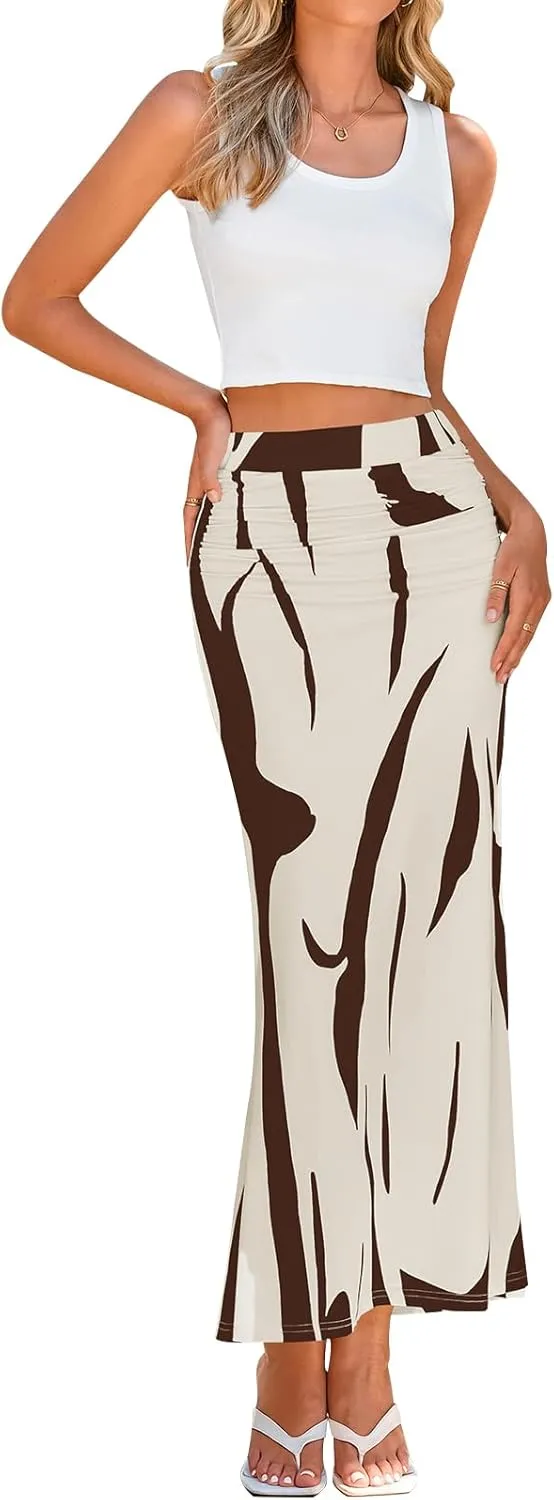 PRETTYGARDEN Women's 2025 Stretch Graphic Print Fishtail Long Skirts for Women Spring Trendy Ruched Waist Maxi Skirt