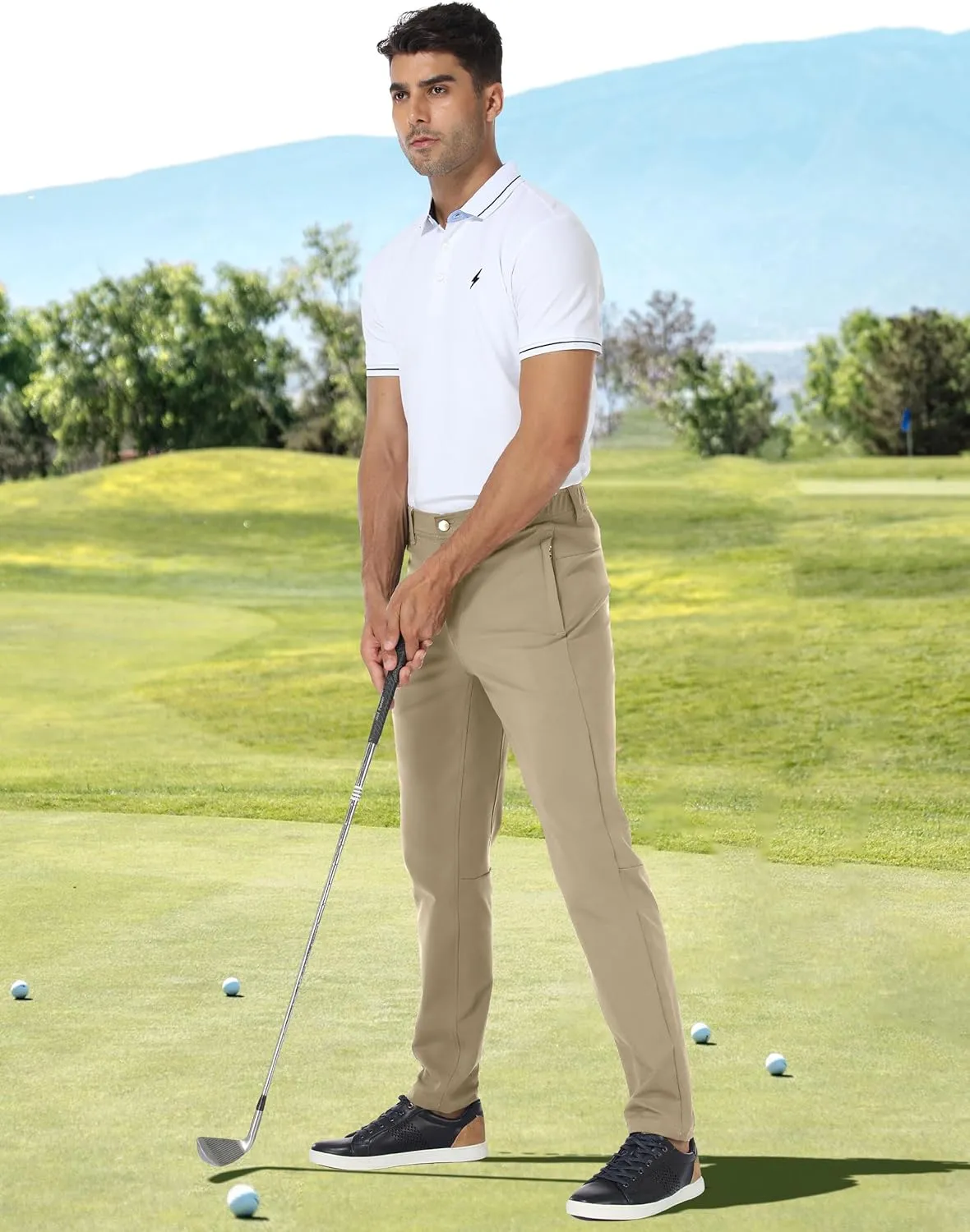PULI Golf Pants Men Stretch Slim Fit Dress Casual Work Hiking Tapered Waterproof Pants with Pockets