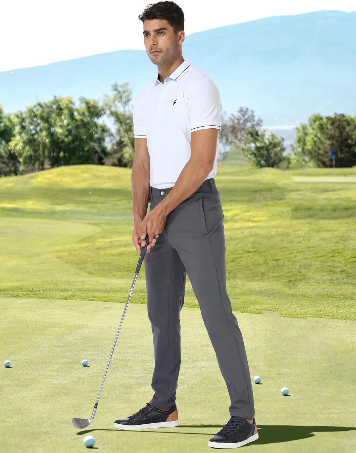 PULI Golf Pants Men Stretch Slim Fit Dress Casual Work Hiking Tapered Waterproof Pants with Pockets