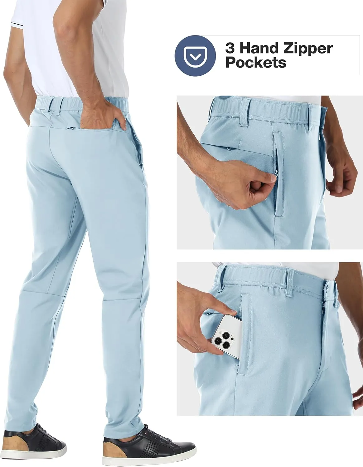 PULI Golf Pants Men Stretch Slim Fit Dress Casual Work Hiking Tapered Waterproof Pants with Pockets