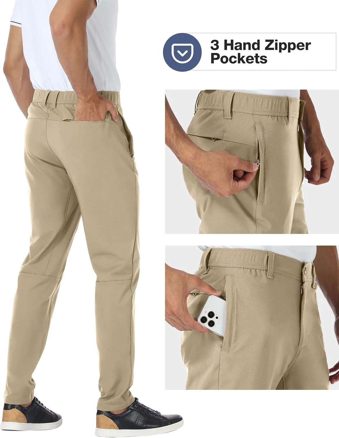 PULI Golf Pants Men Stretch Slim Fit Dress Casual Work Hiking Tapered Waterproof Pants with Pockets