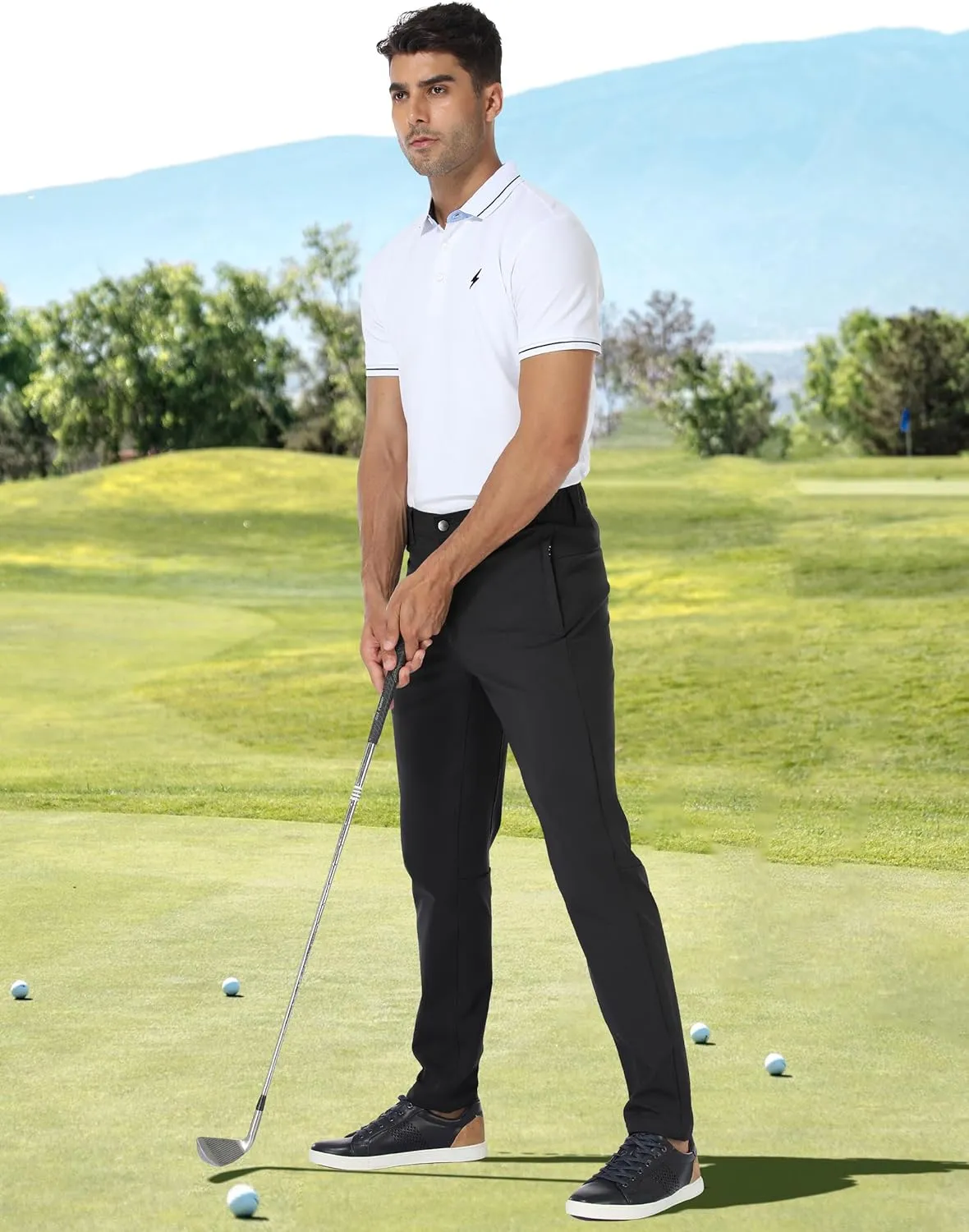 PULI Golf Pants Men Stretch Slim Fit Dress Casual Work Hiking Tapered Waterproof Pants with Pockets