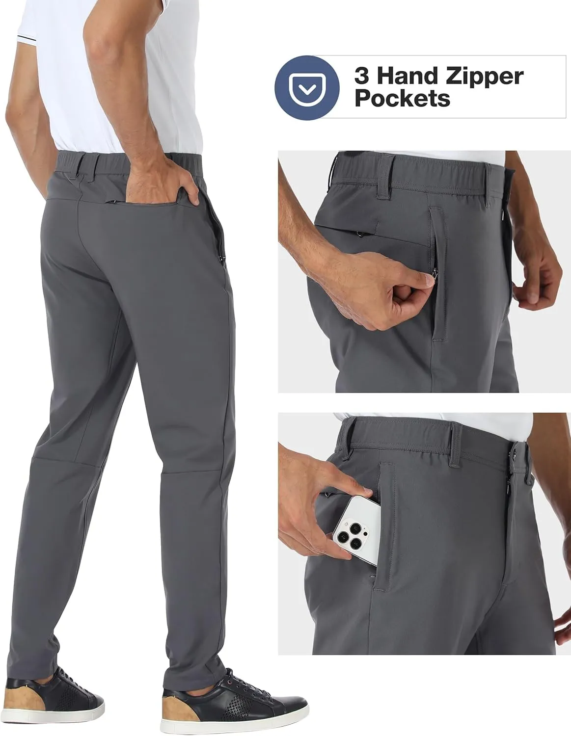 PULI Golf Pants Men Stretch Slim Fit Dress Casual Work Hiking Tapered Waterproof Pants with Pockets