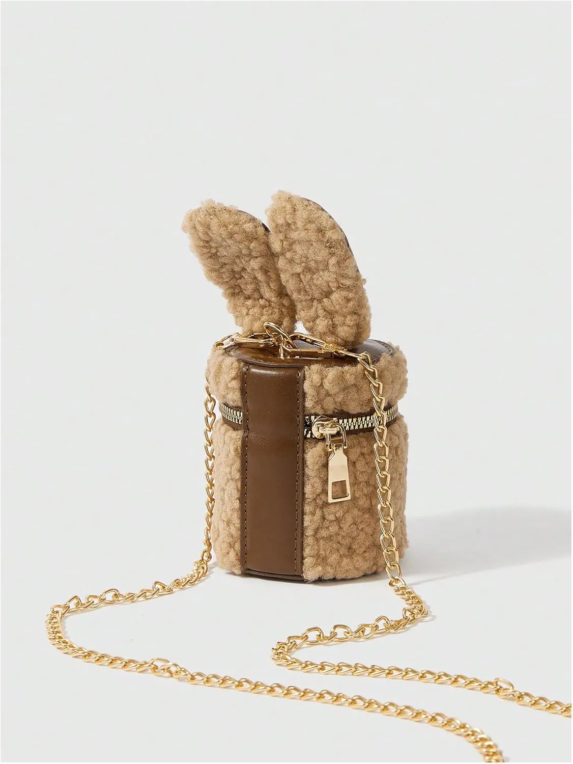 QWINEE Women's Fuzzy Zipper Bucket Bag Cartoon Ear Round Crossbody Handbags with Chain Strap