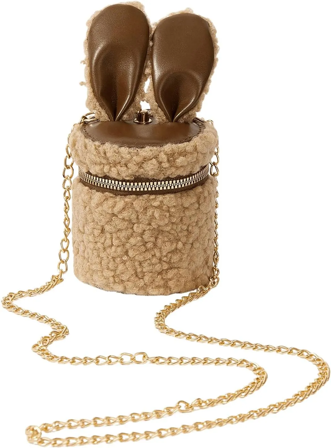 QWINEE Women's Fuzzy Zipper Bucket Bag Cartoon Ear Round Crossbody Handbags with Chain Strap