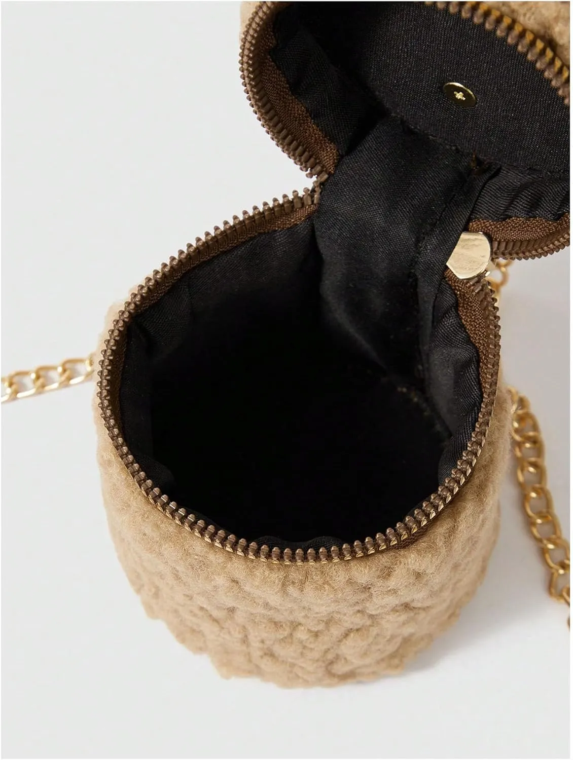 QWINEE Women's Fuzzy Zipper Bucket Bag Cartoon Ear Round Crossbody Handbags with Chain Strap