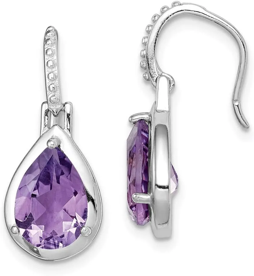 Real 925 Sterling Silver Amethyst Purple February Gemstone Teardrop Dangle Earrings - 22mm x 9mm
