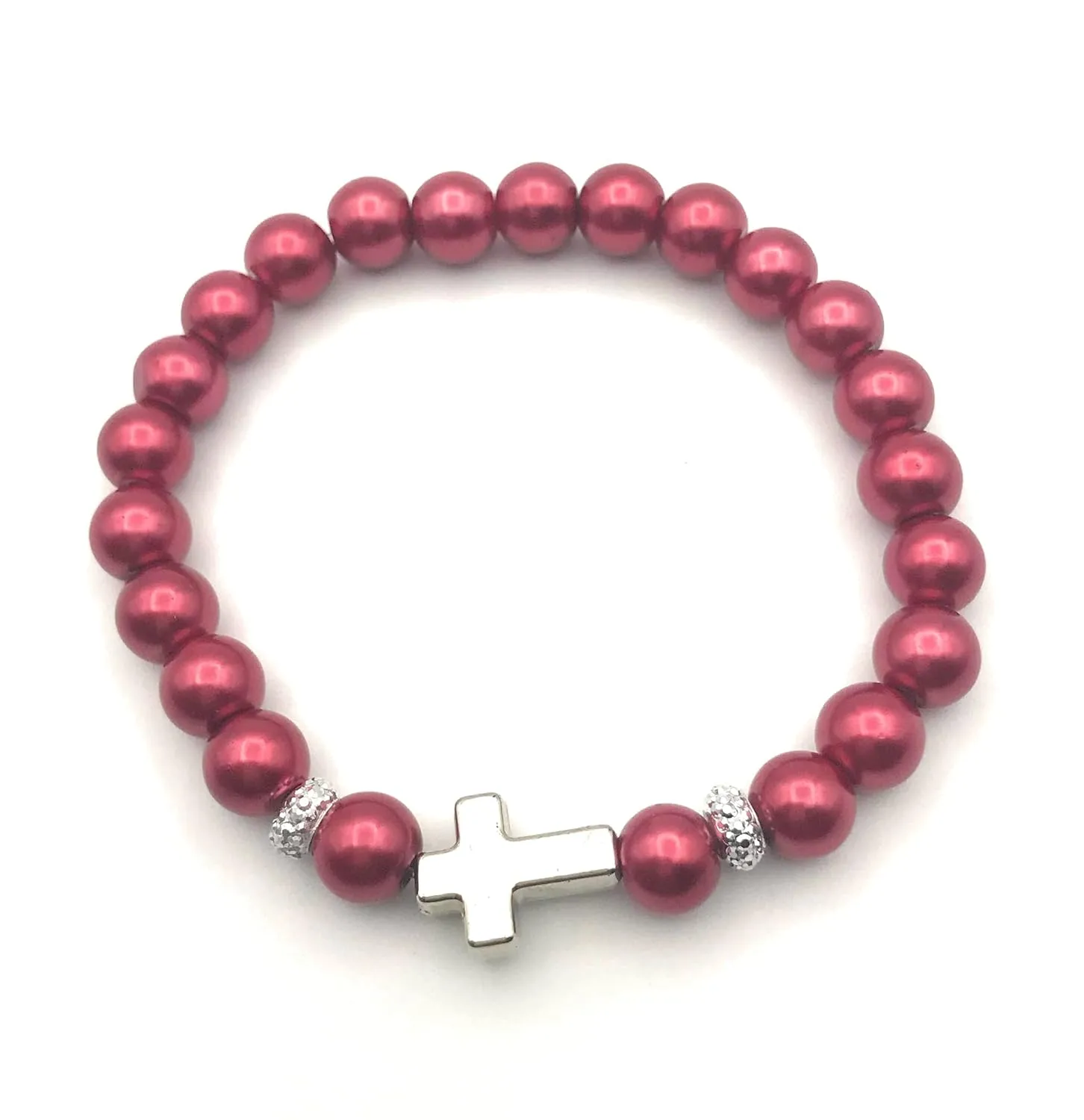 Red Faux Pearl Beaded Stretch Bracelet Cross Accent - Handmade Gift for Mom Sister Daughter
