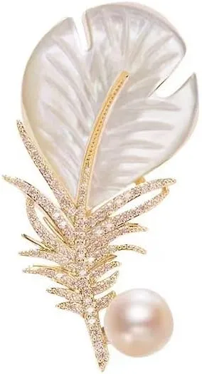 Rhinestone Feather Brooch Pin for Men Women Gold Silver Plated Elegant Delicate Leaves Hat Bag Suit Tie Crystal Pearl Lapel Brooches Trendy Jewelry Gifts