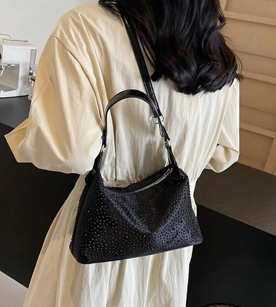 Rhinestone Purse for Women Crescent Shoulder Handbag Clutch Crossbody Bags Underarm Purse Bling Evening Bag Daily Bag