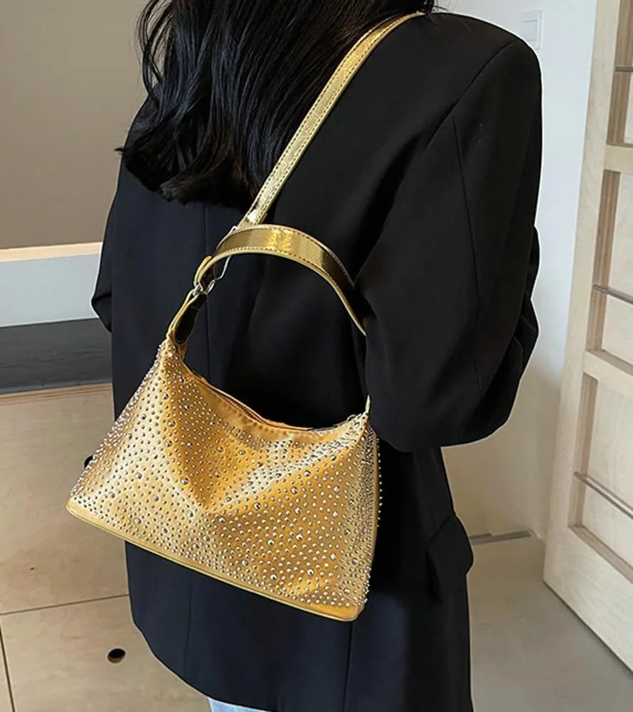 Rhinestone Purse for Women Crescent Shoulder Handbag Clutch Crossbody Bags Underarm Purse Bling Evening Bag Daily Bag