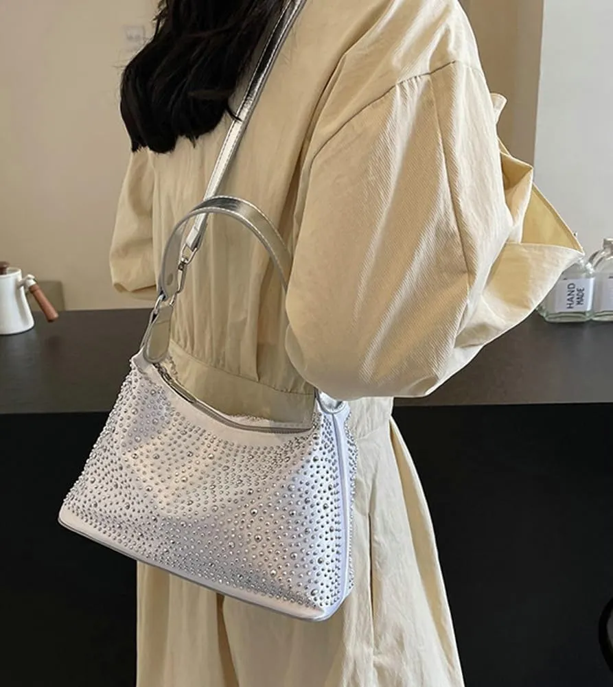 Rhinestone Purse for Women Crescent Shoulder Handbag Clutch Crossbody Bags Underarm Purse Bling Evening Bag Daily Bag