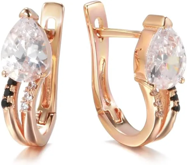 Rose Gold Plated Teardrop Zircon Huggie Earrings with Black Stone Accents
