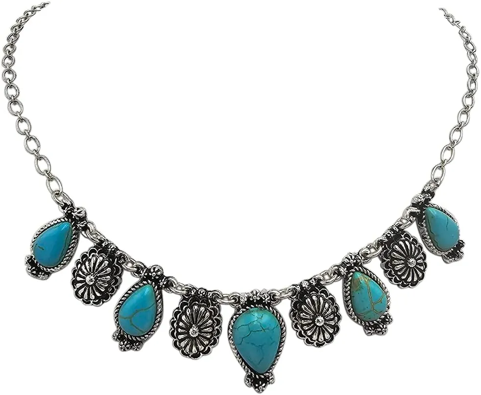 Rosemarie & Jubalee Women's Western Chic Petite Natural Teardrop Turquoise Howlite And Conchos Strand Collar Necklace, 16" 3" Extension