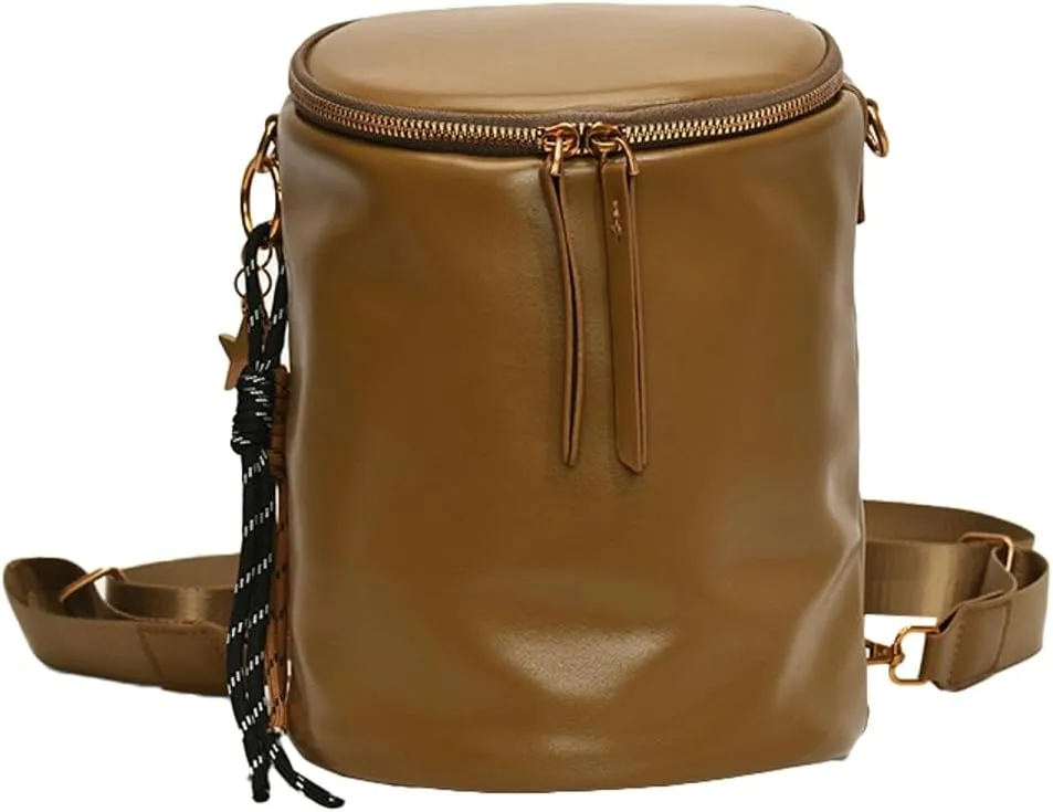 Round Bucket Bag for Women Leather Shoulder Crossbody Bag Convertible Backpack Purse with 2 Shoulder Straps Cylinder Bag (Khaki)