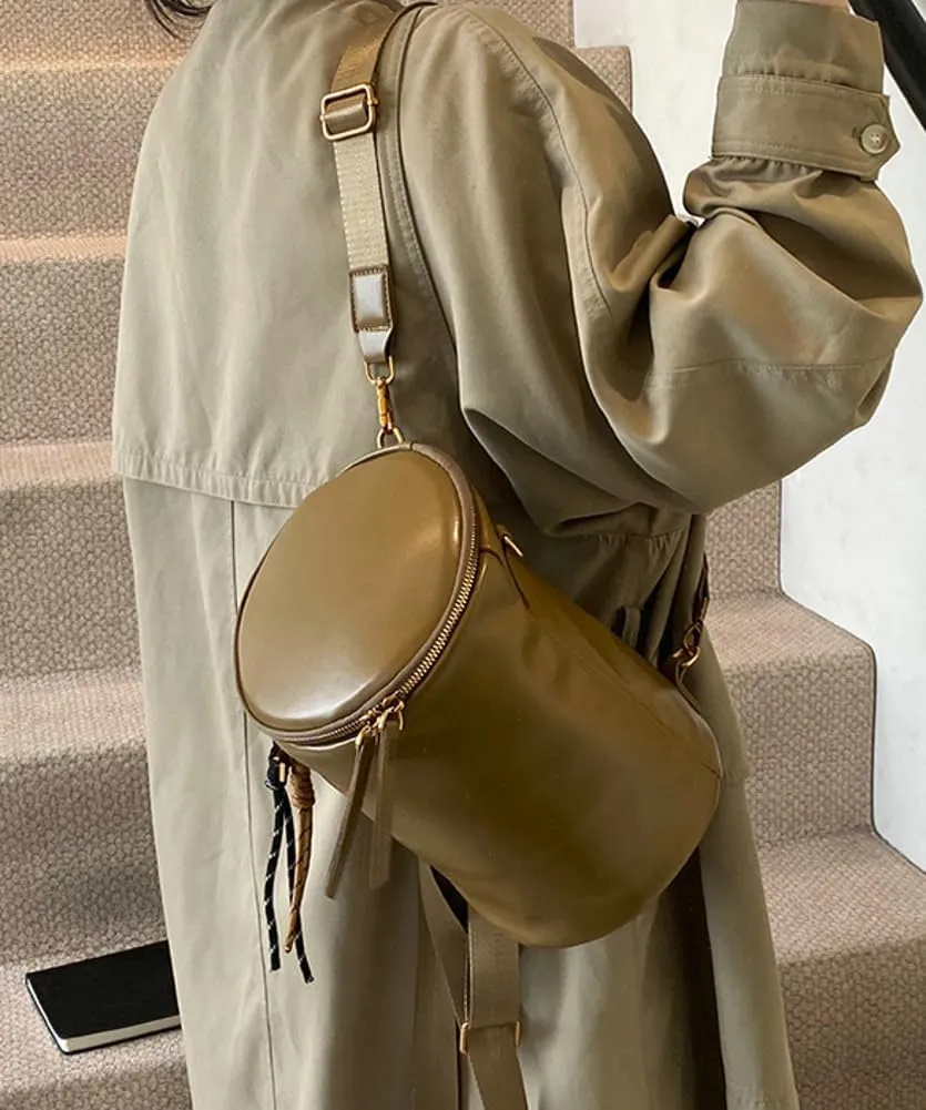 Round Bucket Bag for Women Leather Shoulder Crossbody Bag Convertible Backpack Purse with 2 Shoulder Straps Cylinder Bag (Khaki)