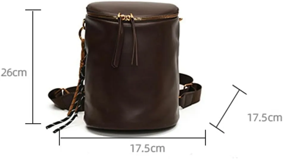 Round Bucket Bag for Women Leather Shoulder Crossbody Bag Convertible Backpack Purse with 2 Shoulder Straps Cylinder Bag (Khaki)
