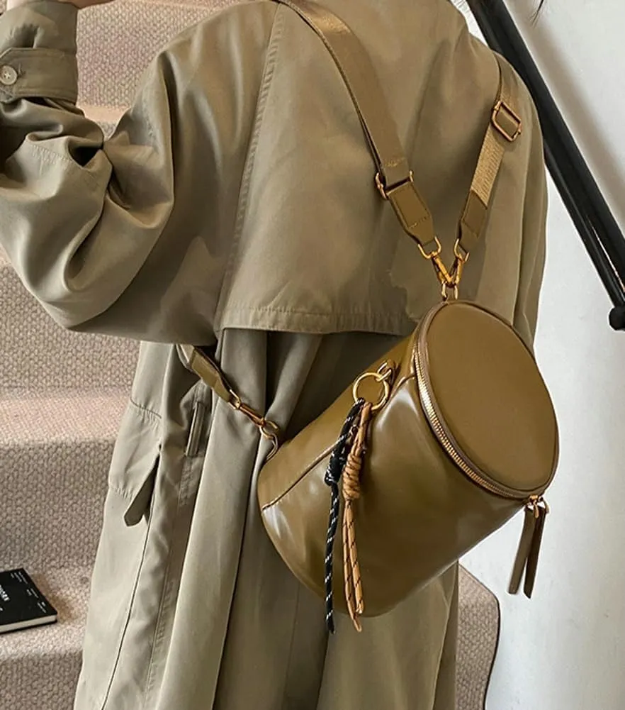 Round Bucket Bag for Women Leather Shoulder Crossbody Bag Convertible Backpack Purse with 2 Shoulder Straps Cylinder Bag (Khaki)