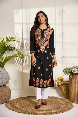 Saba Chikankari Long Kurta in Cotton for Women - Black With Multicolour