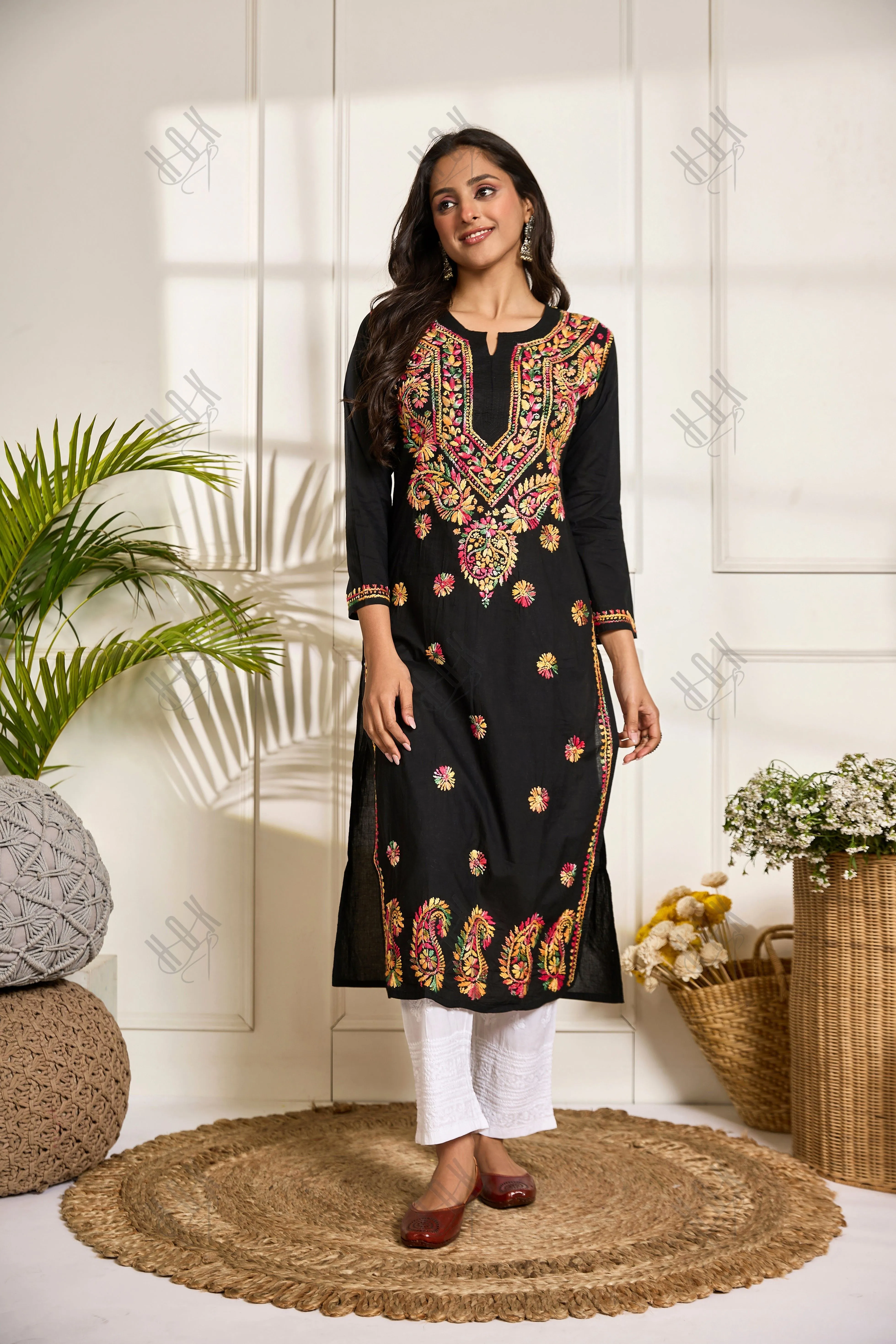Saba Chikankari Long Kurta in Cotton for Women - Black With Multicolour