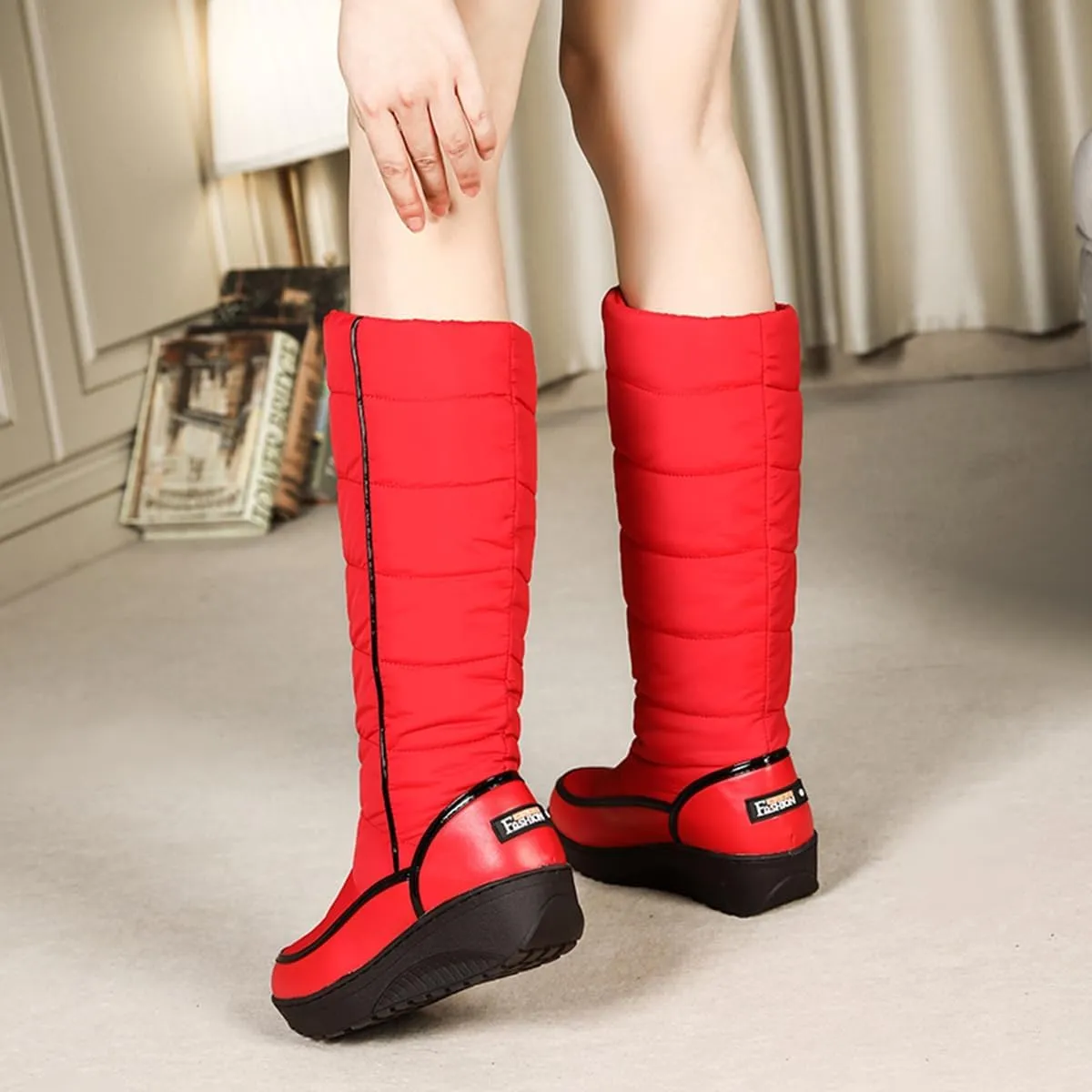 SACFOF Women Furry Snow Boots Waterproof Rain Warm Round Toe Non-Slip Comfort Platform Thick Faux Fur Lined Winter Knee High Boots