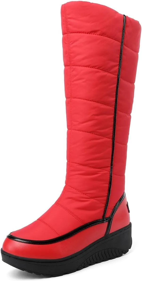 SACFOF Women Furry Snow Boots Waterproof Rain Warm Round Toe Non-Slip Comfort Platform Thick Faux Fur Lined Winter Knee High Boots