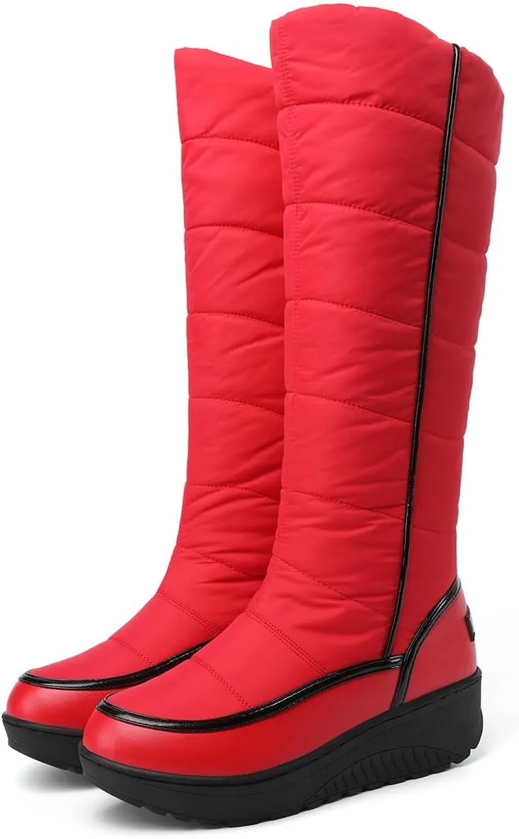 SACFOF Women Furry Snow Boots Waterproof Rain Warm Round Toe Non-Slip Comfort Platform Thick Faux Fur Lined Winter Knee High Boots