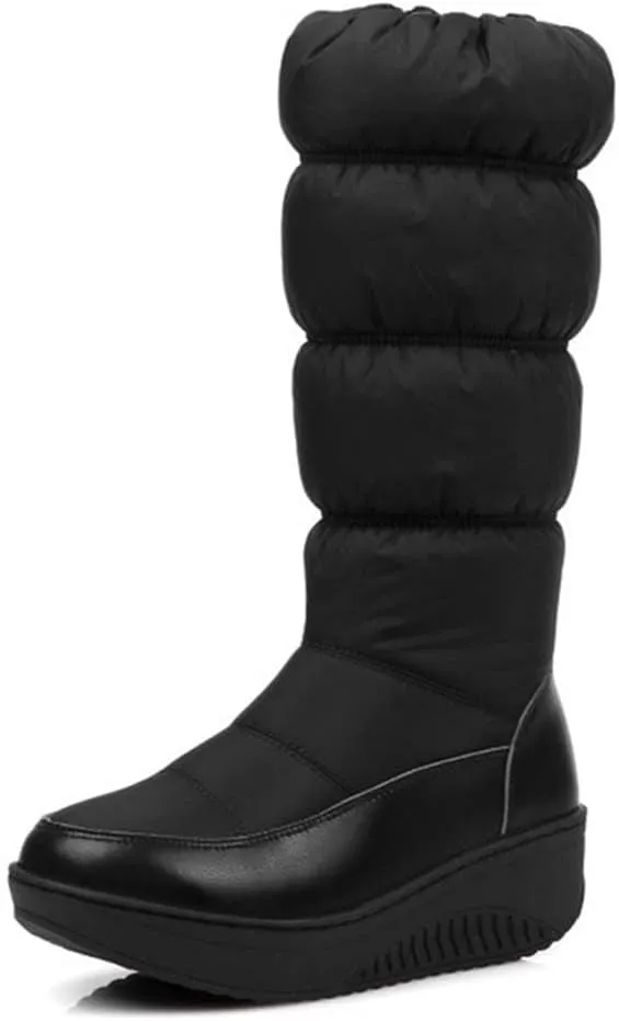 SACFOF Women's Winter Waterproof Rain Snow Boots Warm Mid Calf Thick Plush Warm Side Wedge Platform Cold Weather Snow Booties
