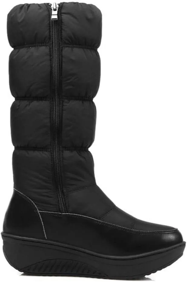 SACFOF Women's Winter Waterproof Rain Snow Boots Warm Mid Calf Thick Plush Warm Side Wedge Platform Cold Weather Snow Booties