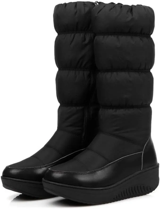 SACFOF Women's Winter Waterproof Rain Snow Boots Warm Mid Calf Thick Plush Warm Side Wedge Platform Cold Weather Snow Booties