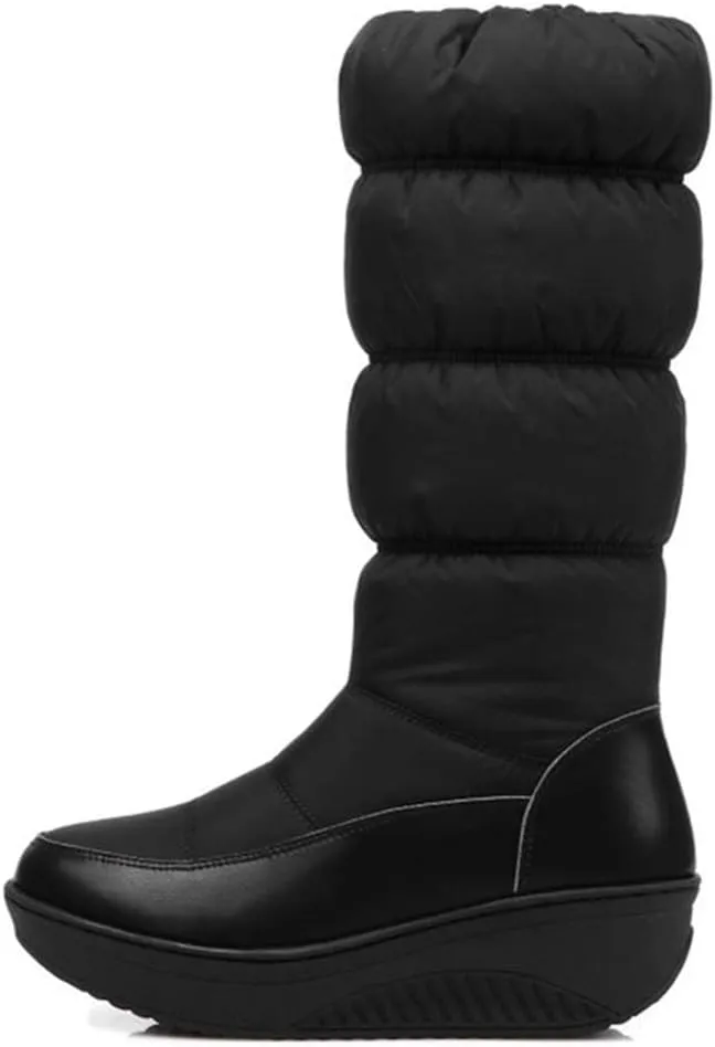 SACFOF Women's Winter Waterproof Rain Snow Boots Warm Mid Calf Thick Plush Warm Side Wedge Platform Cold Weather Snow Booties