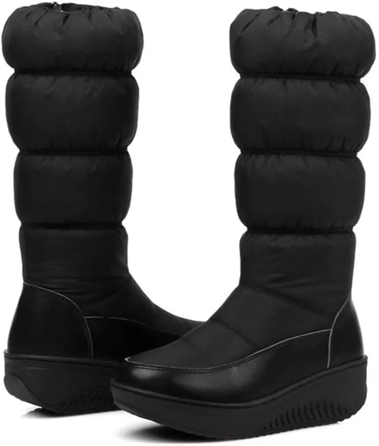 SACFOF Women's Winter Waterproof Rain Snow Boots Warm Mid Calf Thick Plush Warm Side Wedge Platform Cold Weather Snow Booties