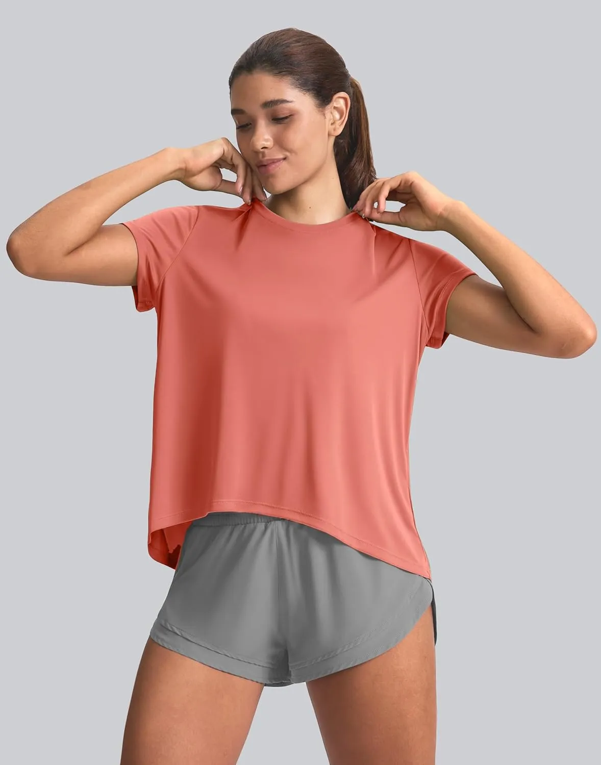 SANTINY Short Sleeve Workout Tops for Women Loose Yoga T-Shirts Sun Protection Breathable Running Athletic Tee Shirts