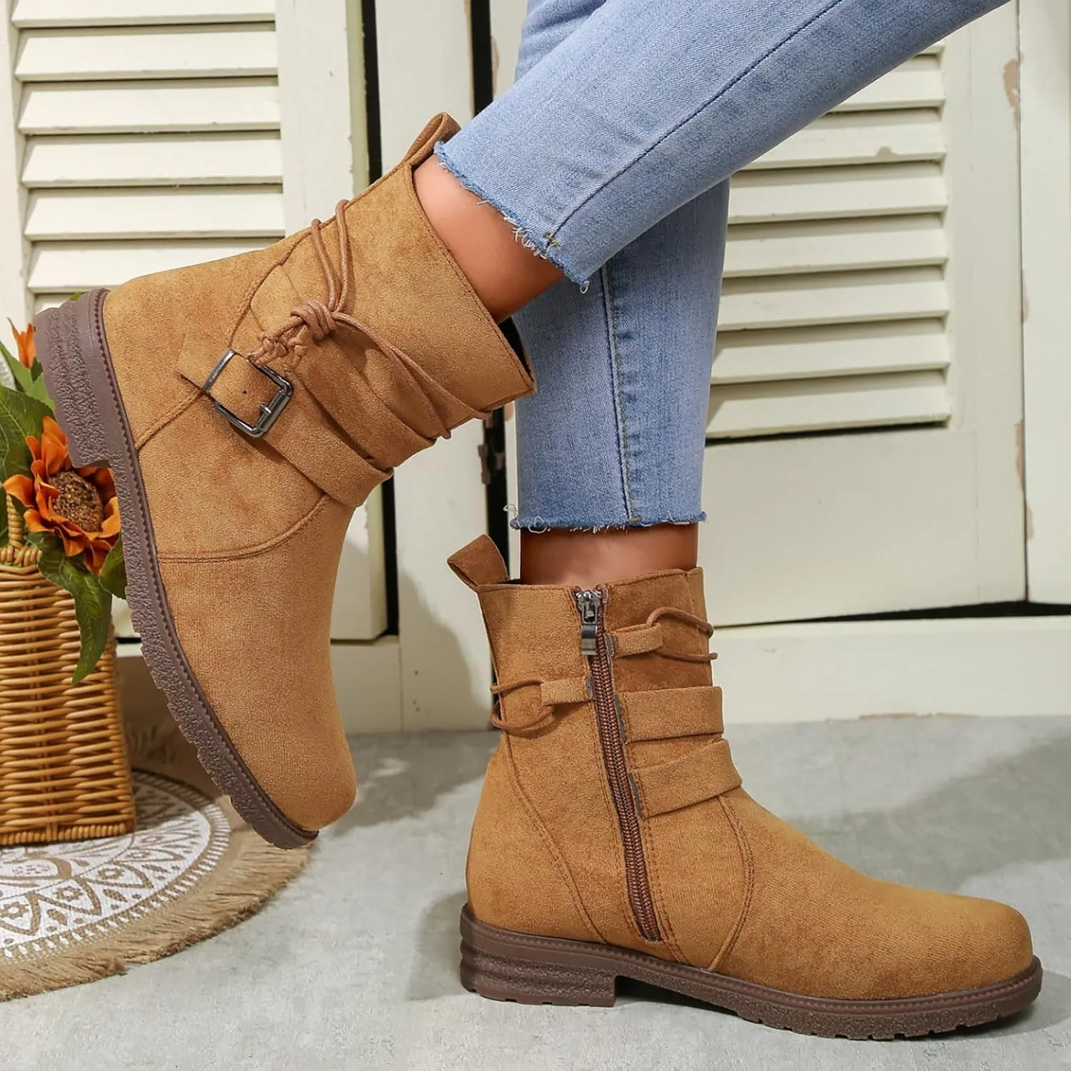 SBGMoSJ Extra Wide Calf Wedge Boots White Western Booties Women Ankle Boots Black Heeled Combat Boots Knee High Brown Calf High Boots for Women Flat Womens Mid Calf Combat Boots Brown