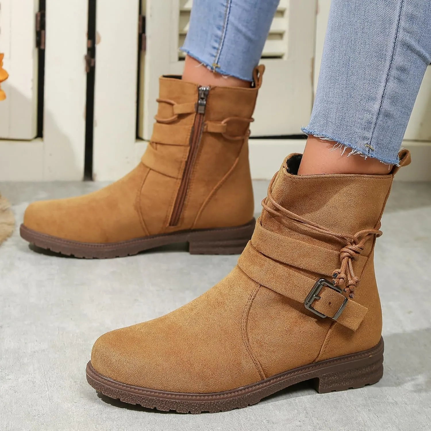 SBGMoSJ Extra Wide Calf Wedge Boots White Western Booties Women Ankle Boots Black Heeled Combat Boots Knee High Brown Calf High Boots for Women Flat Womens Mid Calf Combat Boots Brown