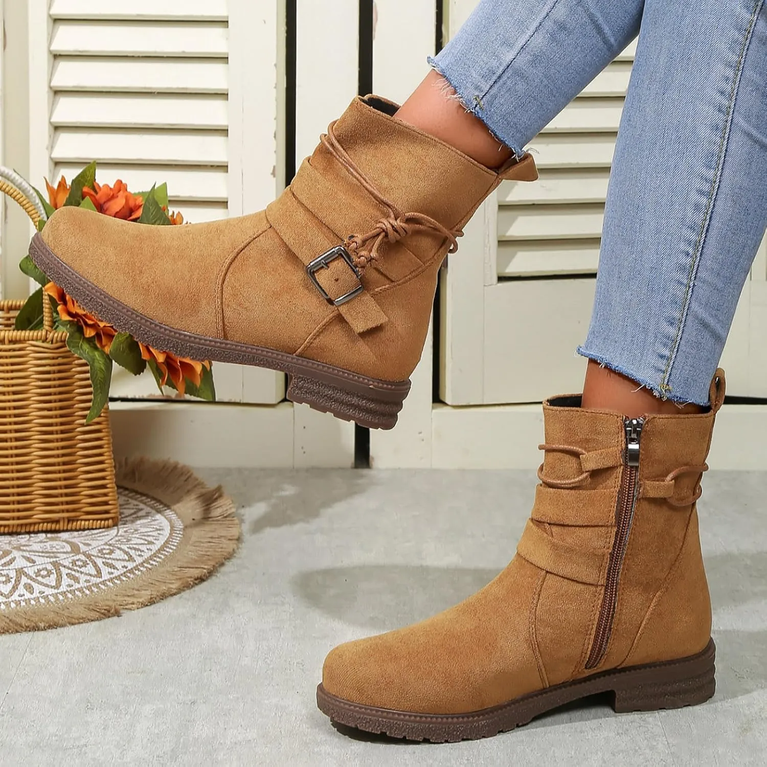 SBGMoSJ Extra Wide Calf Wedge Boots White Western Booties Women Ankle Boots Black Heeled Combat Boots Knee High Brown Calf High Boots for Women Flat Womens Mid Calf Combat Boots Brown