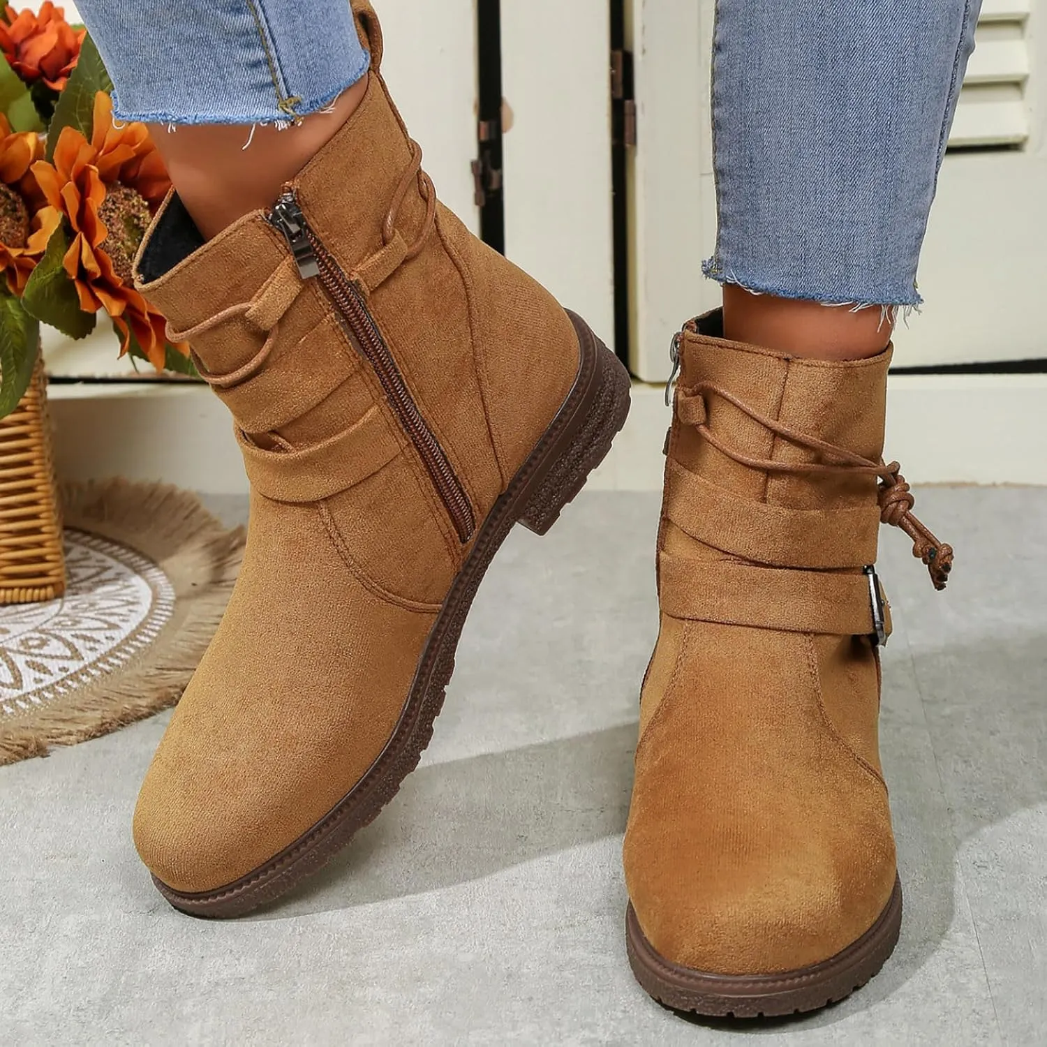 SBGMoSJ Extra Wide Calf Wedge Boots White Western Booties Women Ankle Boots Black Heeled Combat Boots Knee High Brown Calf High Boots for Women Flat Womens Mid Calf Combat Boots Brown