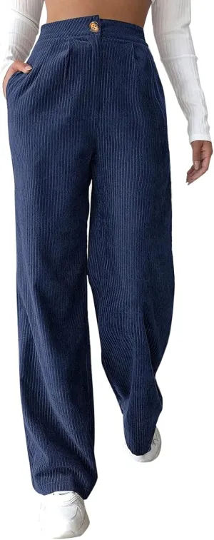 sdbrld Corduroy Pants for Women Vintage High Waisted Straight Wide Leg Pants Fall Winter Work Lounge Trousers with Pockets